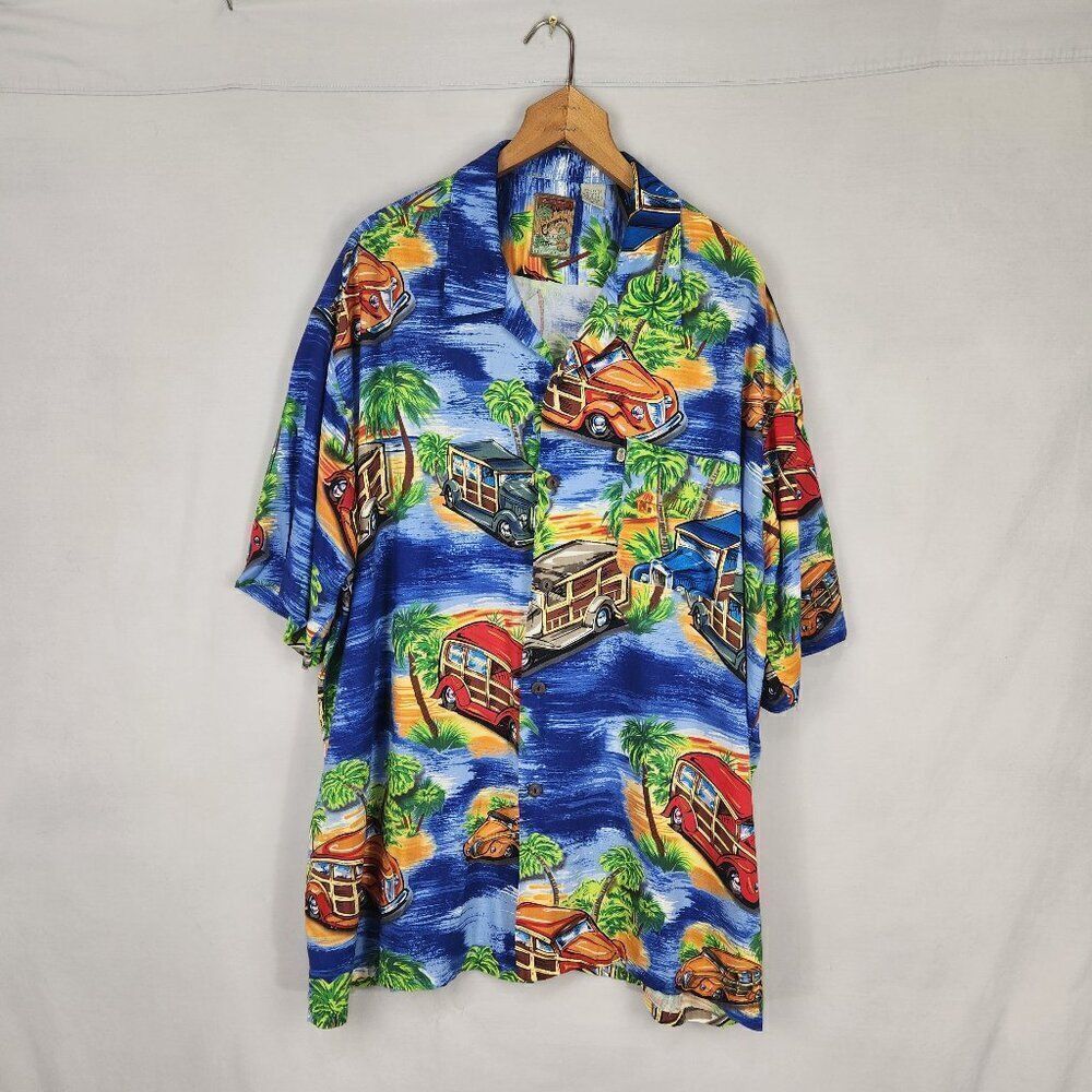Pineapple Connections Mens Hawaiian Button Up Shirt XL Colorful Woodie Cars Blue